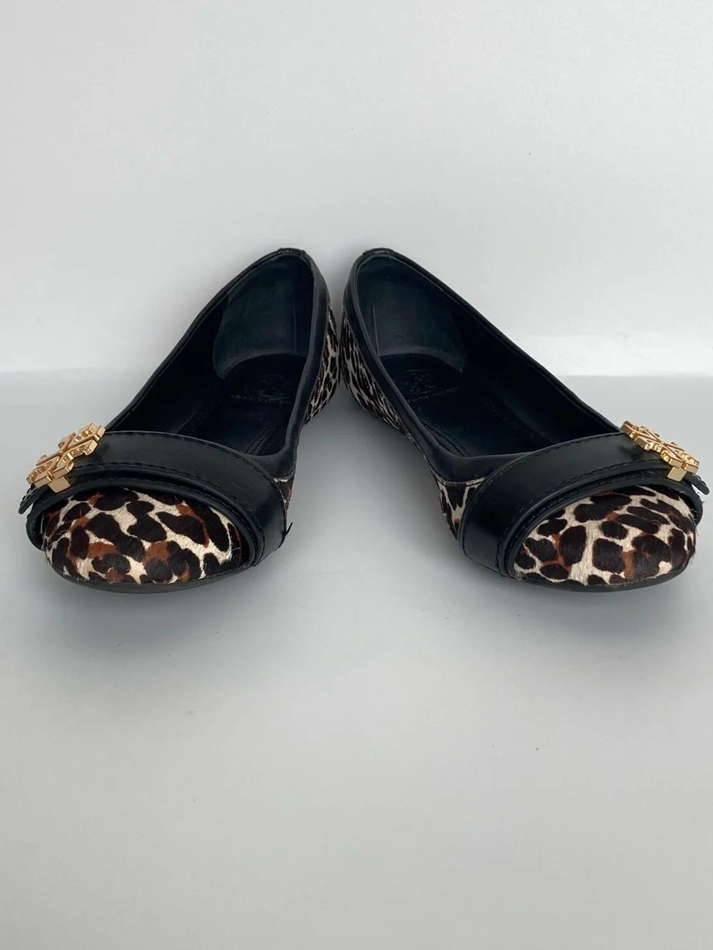 Tory Burch Eloise Black Leather & Leopard Print Cap-Toe Ballet Flats
